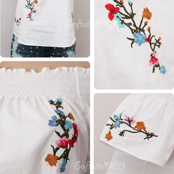 White Floral Embroidered Off Shoulder Cotton Top - Picture 4 of 8